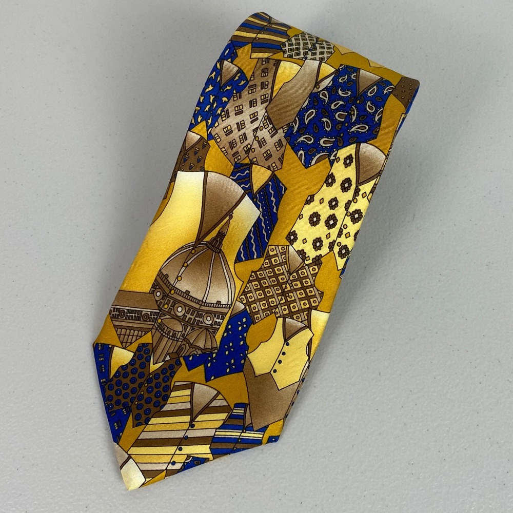 VTG L'Atelier de Soierie Lyon Silk Tie Mens OS Yellow Blue Architecture Novelty